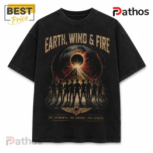 Earth, Wind & Fire Band Music Black T-Shirt featuring a graphic of a solar eclipse, silhouettes, and pyramid imagery.