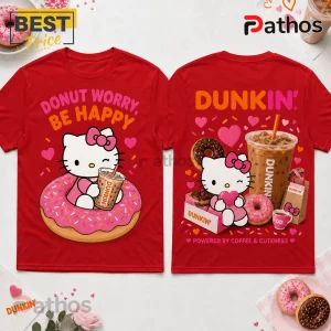 Hello Kitty Dunkin Donuts Coffee Lover T-Shirt in red featuring Hello Kitty graphics, coffee, donuts, and text accents.