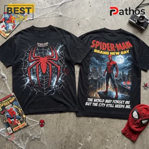 Spider-Man Brand New Day Black T-Shirt with a red spider logo on the front and a cityscape graphic on the back.