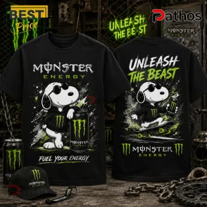 Monster Energy x Snoopy Unleash The Beast T-Shirt featuring Snoopy in a hoodie with an energy drink on a black background.