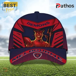 Melbourne Demons Navy Red Mascot Baseball Cap featuring a central devil character holding a football and a trident.