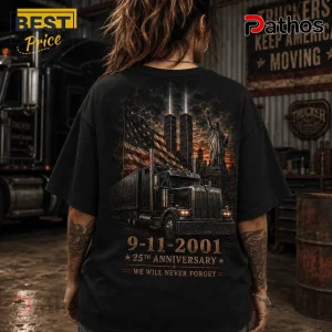 Trucker 9/11 Memorial 25th Anniversary T-Shirt 4 Trucker 9/11 Memorial 25th Anniversary T-Shirt in black featuring a semi-truck, the Twin Towers, and the Statue of Liberty.