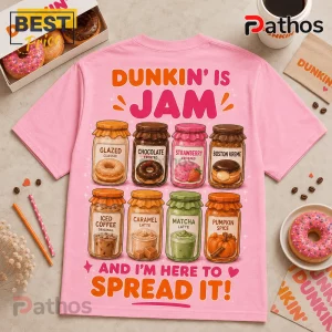 Dunkin Donuts Pink Coffee and Donuts T-Shirt 2 Dunkin Donuts Pink Coffee and Donuts T-Shirt featuring graphic jars of coffee and pastries on a light pink cotton fabric.