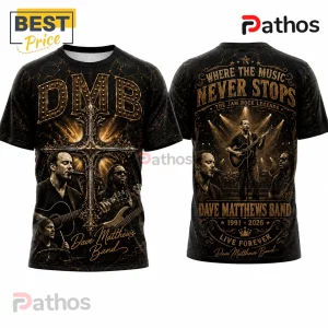 Dave Matthews Band 1991-2026 Memorial T-Shirt 2 Dave Matthews Band 1991-2026 Memorial T-Shirt featuring band members, gold cross, and concert graphics on a black background.