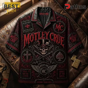 Motley Crue Black Red Skull Hawaiian Shirt 2026 featuring a top hat skull, gothic crosses, and band logos on dark fabric.