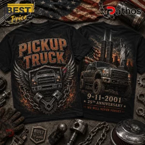 Patriotic 9/11 Memorial Pickup Truck Anniversary T-Shirt featuring engine piston graphics, American flag, and Statue of Liberty.