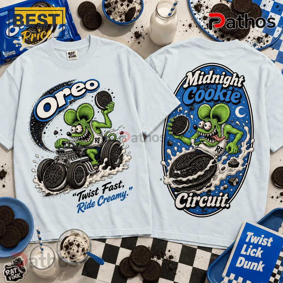 Oreo Midnight Cookie Circuit Rat Fink Light Blue T-Shirt Oreo Midnight Cookie Circuit Rat Fink Light Blue T-Shirt