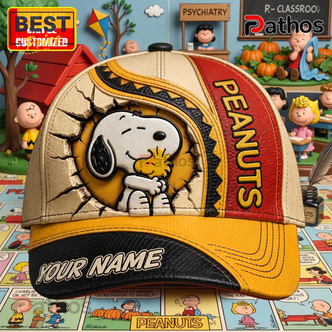 Peanuts Snoopy and Woodstock Personalized Leather Cap Peanuts Snoopy and Woodstock Personalized Leather Cap