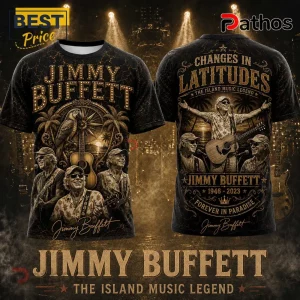 Jimmy Buffett Changes in Latitudes Vintage Tribute T-Shirt featuring gold graphics of the artist, parrots, and palm trees.