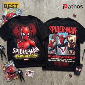 The Amazing Spider-Man Brand New Day Double T-Shirt featuring front and back graphic prints on a black cotton background.