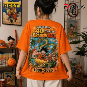Dragon Ball 1986-2026 Anniversary Orange T-Shirt 4 Dragon Ball 1986-2026 Anniversary Orange T-Shirt showing Goku, Bulma, and Master Roshi with Shenron graphic on the back.