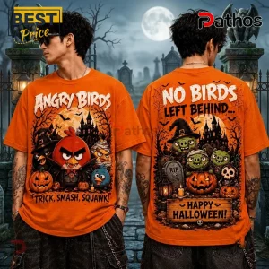 Angry Birds Character Halloween Orange T-Shirt 2026 featuring Red and green pigs with pumpkins in a spooky graveyard scene.
