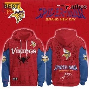 Minnesota Vikings x Spider-Man Brand New Day Hoodie featuring red spider-web patterns, purple sleeves, and team logos.