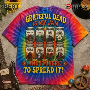 Grateful Dead Songs Mason Jar Tie-Dye T-Shirt 2 Grateful Dead Songs Mason Jar Tie-Dye T-Shirt features eight jars with song titles and graphics on a rainbow tie-dye fabric.
