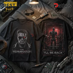 The Terminator Premium Black Shirt 4 The Terminator Premium Black Shirt featuring a front T-800 portrait and back endoskeleton graphic on a dark textured surface.