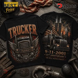 Trucker 9/11 Memorial 25th Anniversary T-Shirt showing a semi-truck, Statue of Liberty, and twin towers on black fabric.