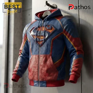 Superman Logo Premium Faux Leather Hoodie featuring a blue and red color scheme with an embossed chest crest on a hanger.