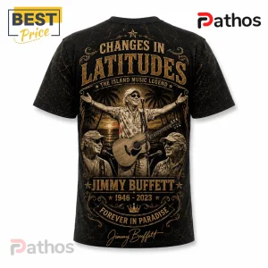 Jimmy Buffett Changes in Latitudes Vintage Tribute T-Shirt featuring graphics of the singer and sunset on black cotton.