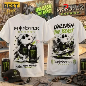 Monster Energy x Snoopy Unleash The Beast T-Shirt featuring Snoopy wearing sunglasses and a hoodie with energy drink cans.