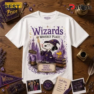 Snoopy x Wizards of Waverly Place Magic T-Shirt in white, featuring Snoopy as a wizard holding a wand near purple towers.