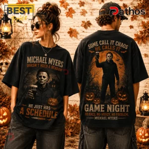 Michael Myers Guinness Game Night 2026 Halloween T-Shirt featuring horror graphics, pumpkins, and beer on a black fabric base.