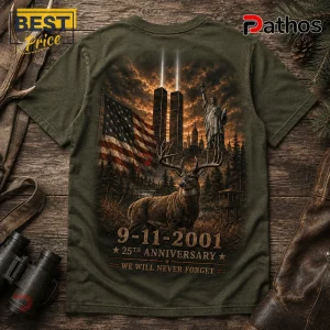th Anniversary Hunting Deer Memorial T-Shirt 2 25th Anniversary Hunting Deer Memorial T-Shirt in olive green featuring the Twin Towers, Statue of Liberty, and a buck.