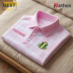 Custom Alpha Kappa Alpha Plaid Pink Polo Shirt 2 Custom Alpha Kappa Alpha Plaid Pink Polo Shirt with white grid pattern, embroidered crest, and personalized name text.