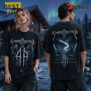 Sonata Arctica True North Heavy Metal T-Shirt 4 Sonata Arctica True North Heavy Metal T-Shirt featuring band logo, guitar, and northern lights on a black acid-wash fabric.