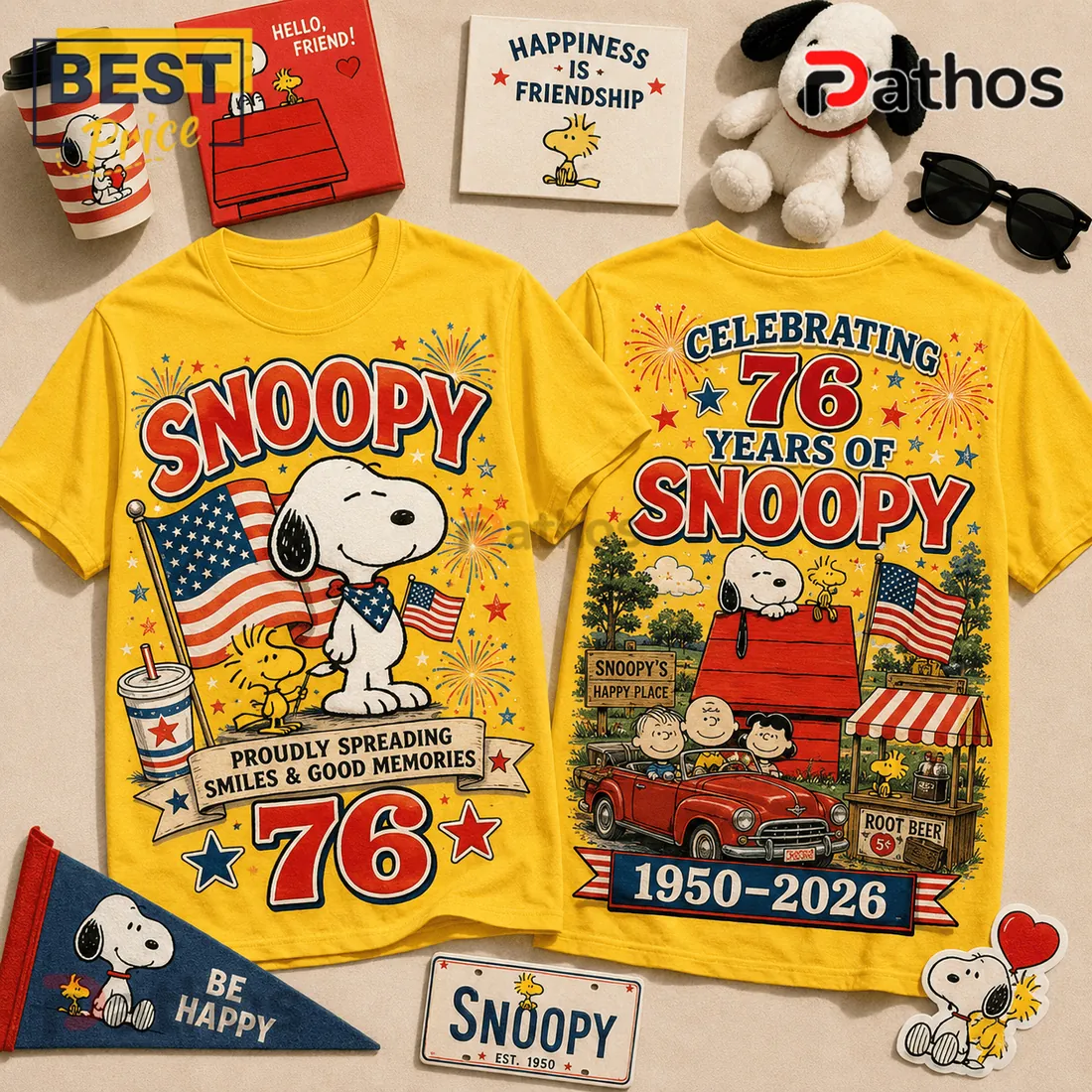 Snoopy 76th Anniversary Patriotic Yellow T-Shirt Snoopy 76th Anniversary Patriotic Yellow T-Shirt