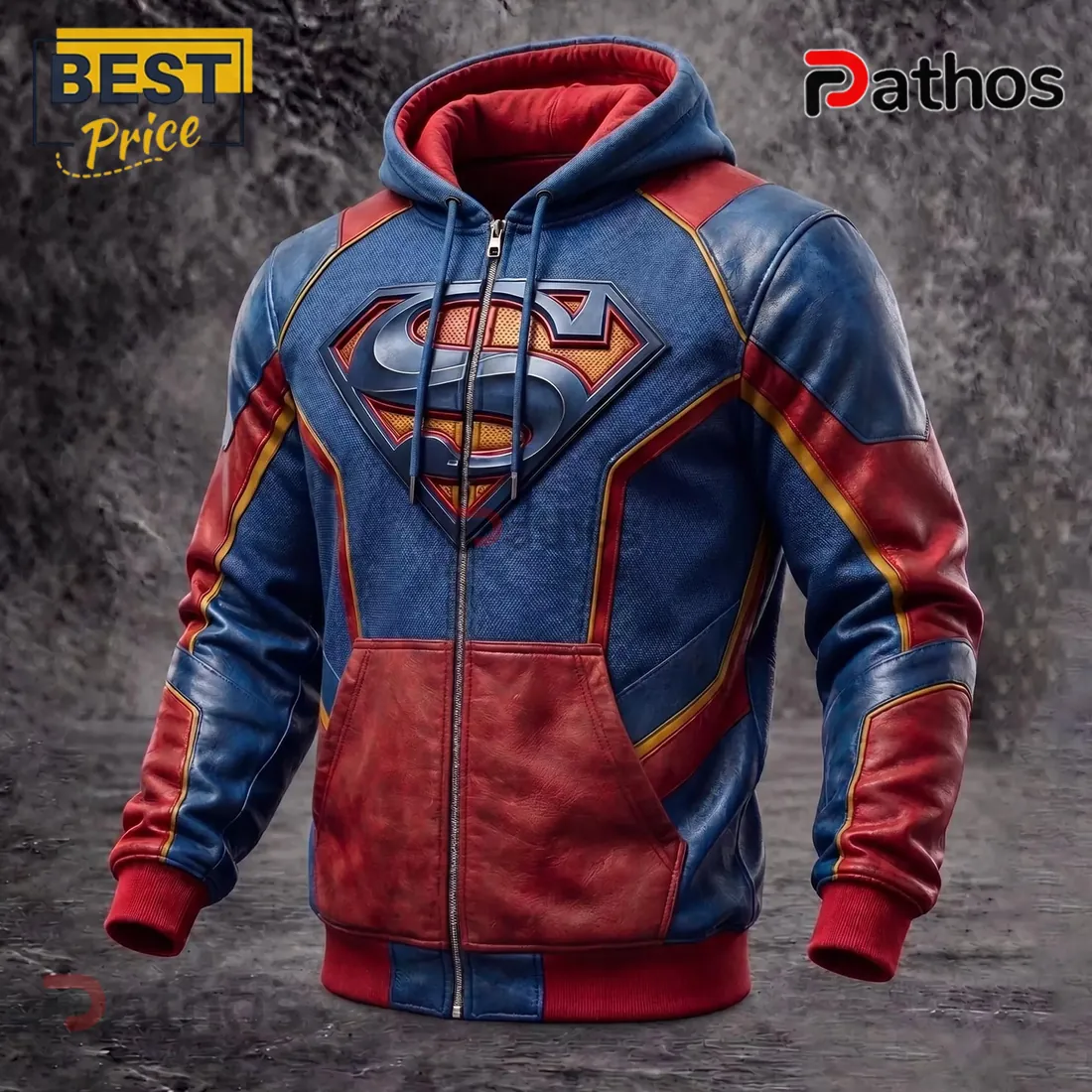 Superman Logo Premium Faux Leather Hoodie Superman Logo Premium Faux Leather Hoodie