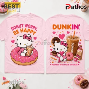 Hello Kitty Dunkin Donuts Coffee Lover T-Shirt in pastel pink featuring graphic prints of Hello Kitty and donuts.