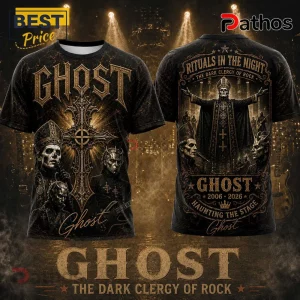 Ghost Dark Clergy 2006-2026 Anniversary T-Shirt featuring Papa Emeritus, ornate cross, and gothic band graphics in black.