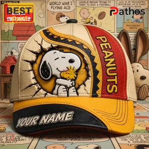 Peanuts Snoopy and Woodstock Personalized Leather Cap featuring a 3D embossed graphic, yellow brim, and red accents.