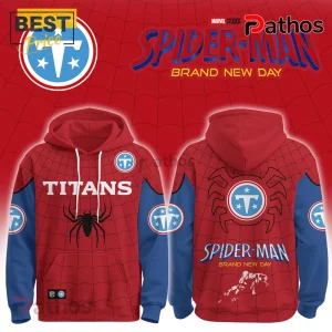 Tennessee Titans Spider-Man Brand New Day Hoodie Pathostheatre Store Tennessee Titans Spider-Man Brand New Day hoodie featuring red and blue colors, spider web patterns, and team logos.