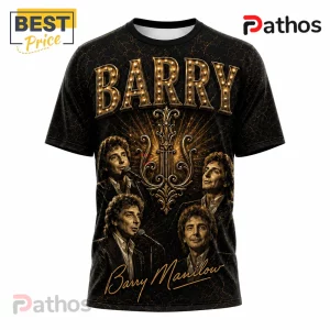 Barry Manilow The Showman of Song Gold Portrait T-Shirt featuring four portraits of the singer on a black patterned fabric.