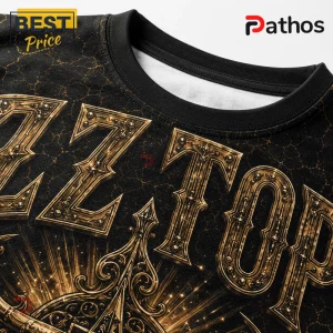 ZZ Top La Grange 1969-2026 Tribute T-Shirt featuring metallic gold embossed lettering on a black crackled texture background.