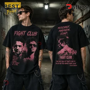 Fight Club Tyler Durden Vintage Black T-Shirt 2 Fight Club Tyler Durden Vintage Black T-Shirt with pink graphic prints of the character on front and back.