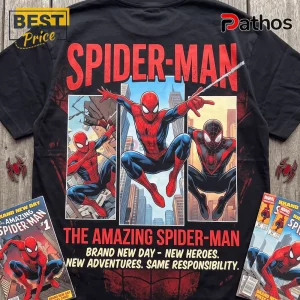 The Amazing Spider-Man Brand New Day Double T-Shirt featuring comic panels of Peter Parker and Miles Morales on black cotton.
