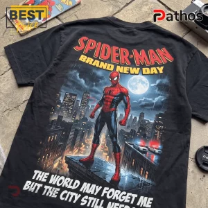 Spider-Man Brand New Day Black T-Shirt featuring Spider-Man standing on a rooftop overlooking a rainy city at night.