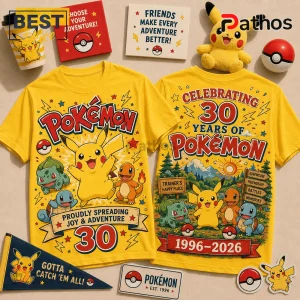 Pokémon 30th Anniversary Pikachu yellow T-shirt featuring Pikachu, Bulbasaur, and Charmander with 30th anniversary graphics.