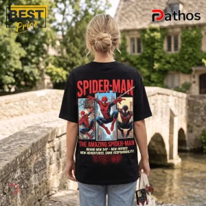 The Amazing Spider-Man Brand New Day Double T-Shirt featuring comic art panels on the back of a black cotton shirt.