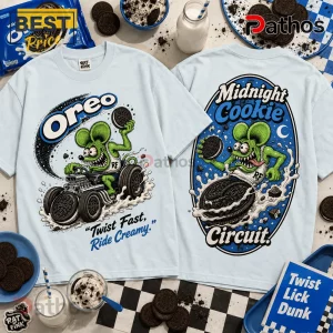 Oreo Midnight Cookie Circuit Rat Fink light blue t-shirt showing front and back graphic designs of a green hot rod rodent.