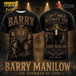 Barry Manilow The Showman of Song Gold Portrait T-Shirt featuring multiple stage photos and gold vintage typography.