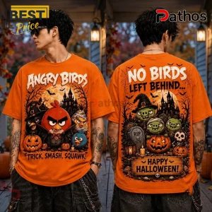 Angry Birds Character Halloween Orange T-Shirt 2026 featuring front and back graphic prints of birds, pigs, and pumpkins.