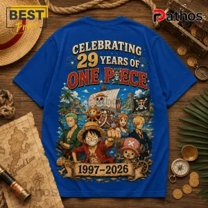 One Piece 1997-2026 Anniversary Edition T-Shirt featuring Luffy, Zoro, Nami, Sanji, and Chopper on royal blue cotton fabric.