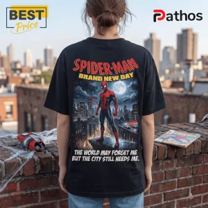 Spider-Man Brand New Day black t-shirt featuring Spider-Man standing on a city rooftop with a full moon backdrop.