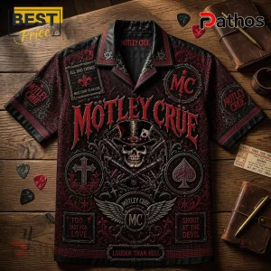 Motley Crue Black Red Skull Hawaiian Shirt 2026 3 Motley Crue Black Red Skull Hawaiian Shirt 2026 featuring band logos, top hat skull, playing cards, and ornate gothic art.