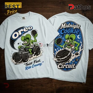 Oreo Midnight Cookie Circuit Rat Fink Light Blue T-Shirt 1 Oreo Midnight Cookie Circuit Rat Fink Light Blue T-Shirt front and back views with cartoon mouse driving cookie wheels.