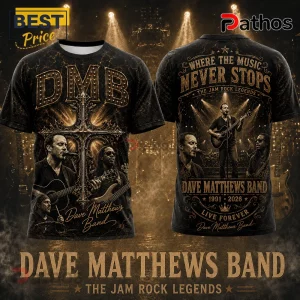 Dave Matthews Band 1991-2026 Memorial T-Shirt with concert graphics, golden text, band members, and a dark ornate background.