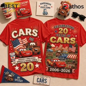 Disney Pixar Cars 20th Anniversary red t-shirt front and back designs featuring Lightning McQueen and Radiator Springs.